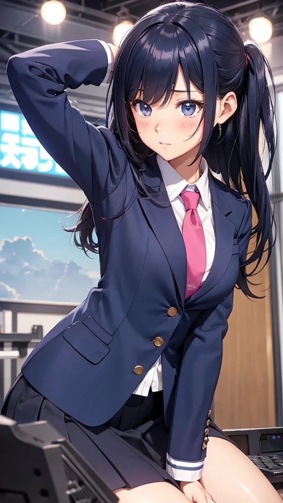 High resolution, accurate, high quality, Shortcuts, Blushing, anime, Your Name,girl,stage,cute,student,Navy Blue Blazer,whole
