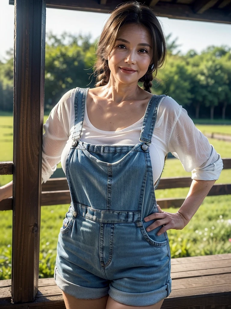 (masterpiece:1.4),(Beautiful 60 year old woman:1.5),(Facial wrinkles : 1.2),(white sheer linen shirt : 1.2), (short-length Dungarees : 1.2), jeans shorts, Rubber boots, blanket, (plump body : 1), extremely white skin, pores, skin blemishes, dull skin, gentle smile, braided long hair, enormous saggy breasts, (hanging breasts), plump thighs, on a barn, detailed backgrounds, sunrise
