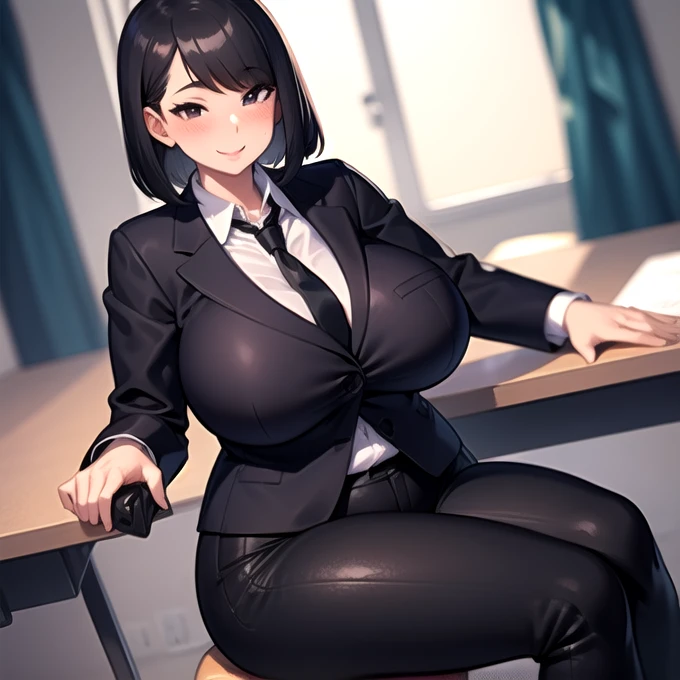 mature female, milf, huge breasts, wide hips, curvy, blush, smile, girl, solo, black eyes, short hair, swept bangs, straight hair, black hair, jacket, black jacket, collared shirt, necktie, black necktie, pants, black pants, white shirt, sitting, office