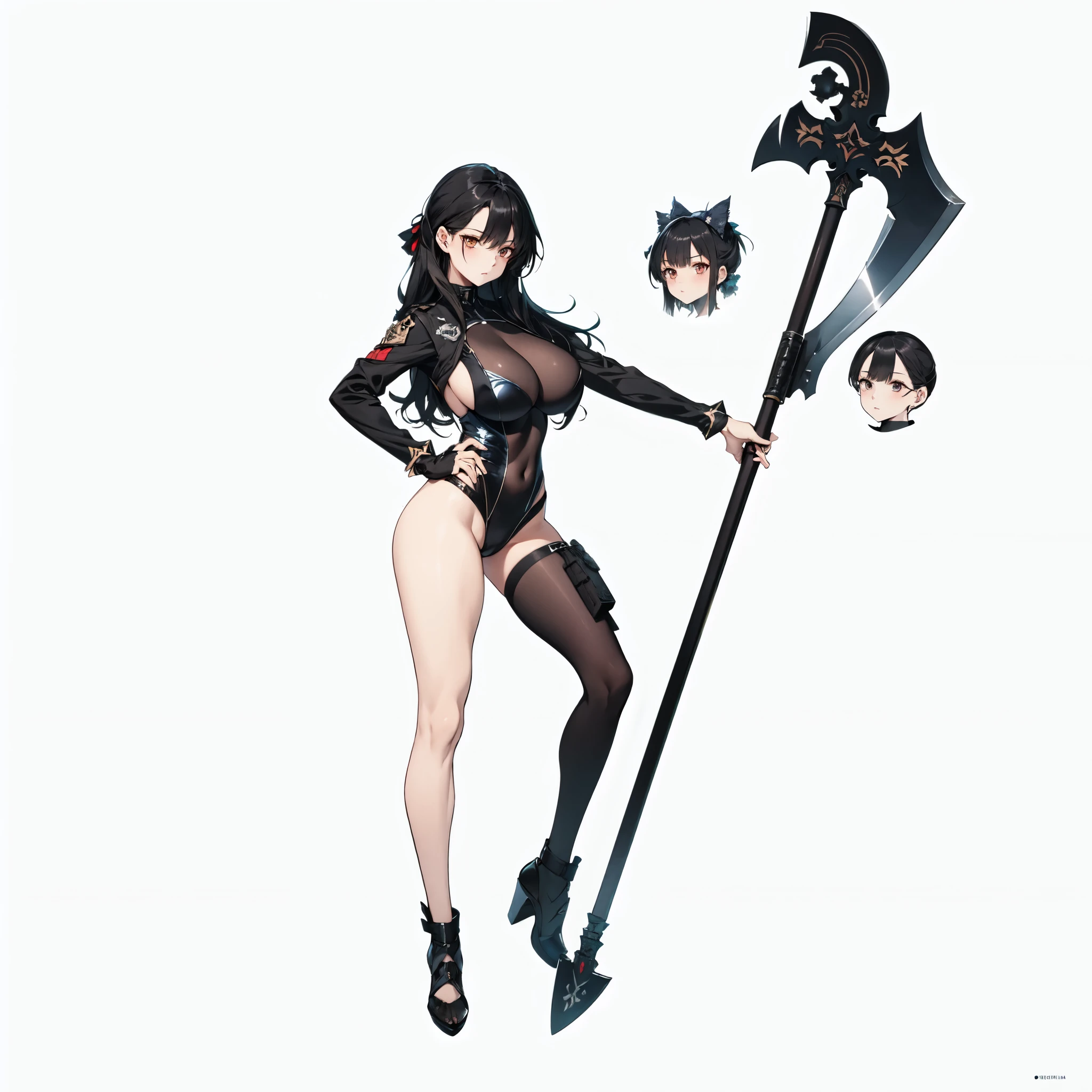 masterpiece,best quality,1girl,right hand in waist,azur lane al azuma,\(herrscher of finality\),solo,full body,pale skin,black hair,full body,full body black swinsuit,+ +,tight black collant,(((big breasts))),closed mouth,((serious expression)),bronze high heels, (((holding a great black axe))), three black skulls floating, ((fantasy character)), anime character sheet