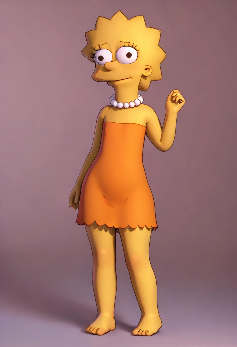 Lisa Simpson, 1 girl, standing alone, pearl necklace, ssmile, looking ahead at viewer, yellow skin, eyes black, orange dress, age 28, ((whole body)), coxas nuas, curves, nice legs, 正面, pose, best qualityer, no flaws