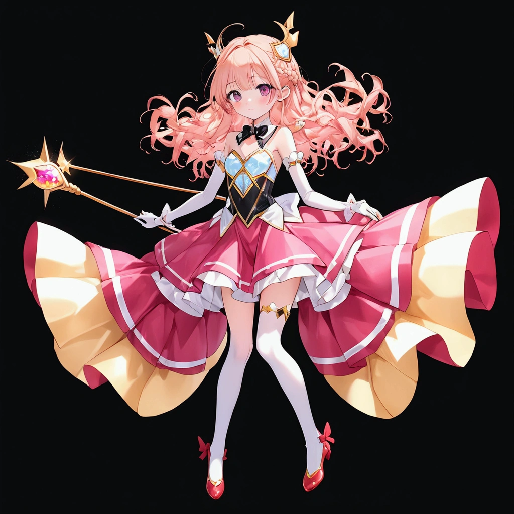 Anime-style girl with (((deep magenta eyes and long, wavy pink hair))) ((styled in an elegant French braid)). (((She is slender, and , with small breasts))). ((Ensure a full-body shot of her)) wearing a (((pink, gold, and rose gold color magical girl-themed outfit.))) ((The outfit features a spider and spider web theme.)) The overall look is regal and ethereal, with magical glowing effects. cutesexy, , a hyperrealistic , hyperrealistic , realistic , seductive (anime girl), smooth anime cg art, beautiful alluring anime , ((magical girl)), (masterpiece), best quality, expressive eyes, perfect face ((Highest quality))、((8K))、(((8k wallpaper))) ((Full Body Shot: 1.5))、ultra detailed, masterpiece, best quality, solo