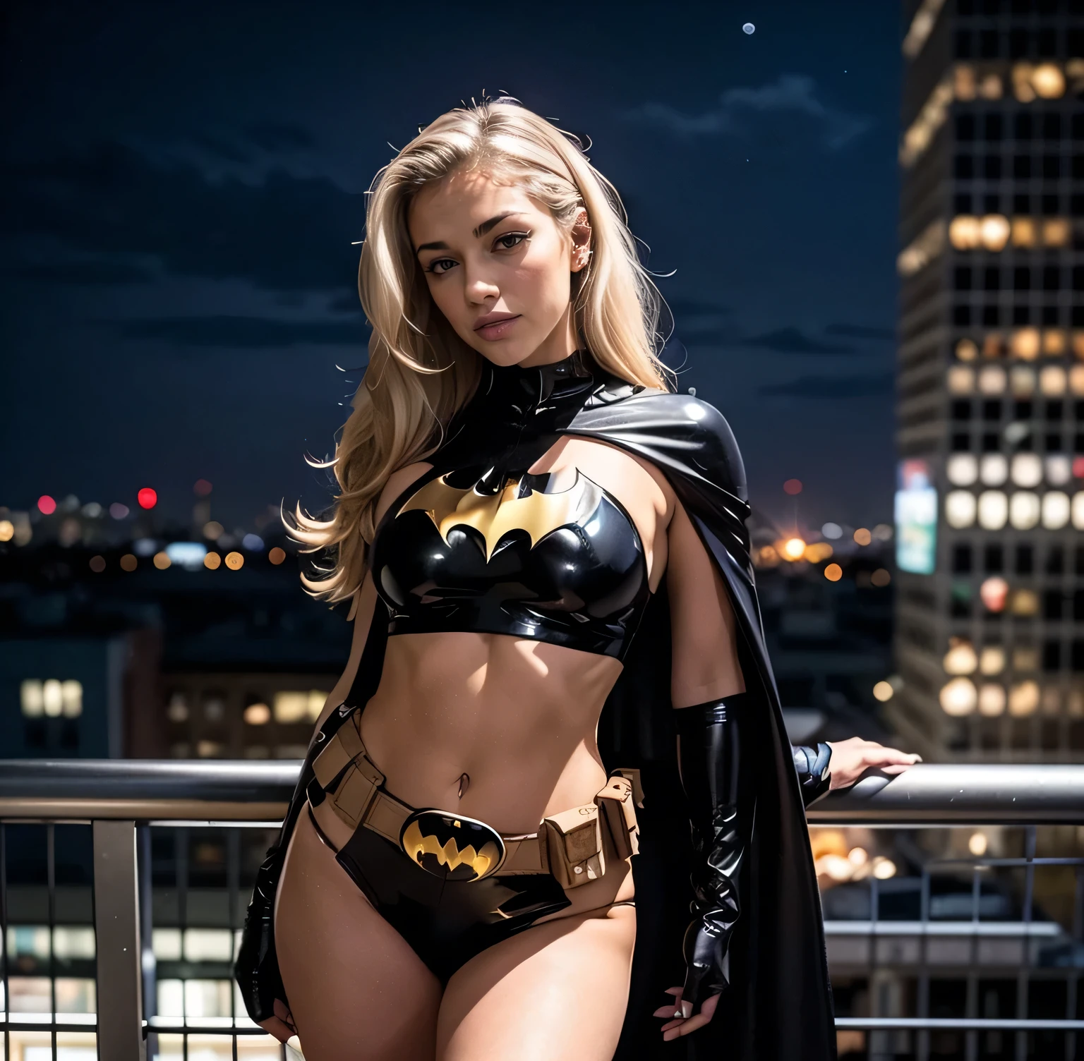 masterpiece, best quality, 1girl, batgirl,long hair,,bodysuit,breasts,cape,belt,medium breasts,superhero,gloves,lips,black bodysuit,belt buckle,bat_print,pouch, curvy, toned, large breasts, narrow waist, realistic, 3d, night sky, cityscape, gotham city background, ((cleavage)) ((blonde hair)), no mask, ((bare midriff)), batman logo on bra