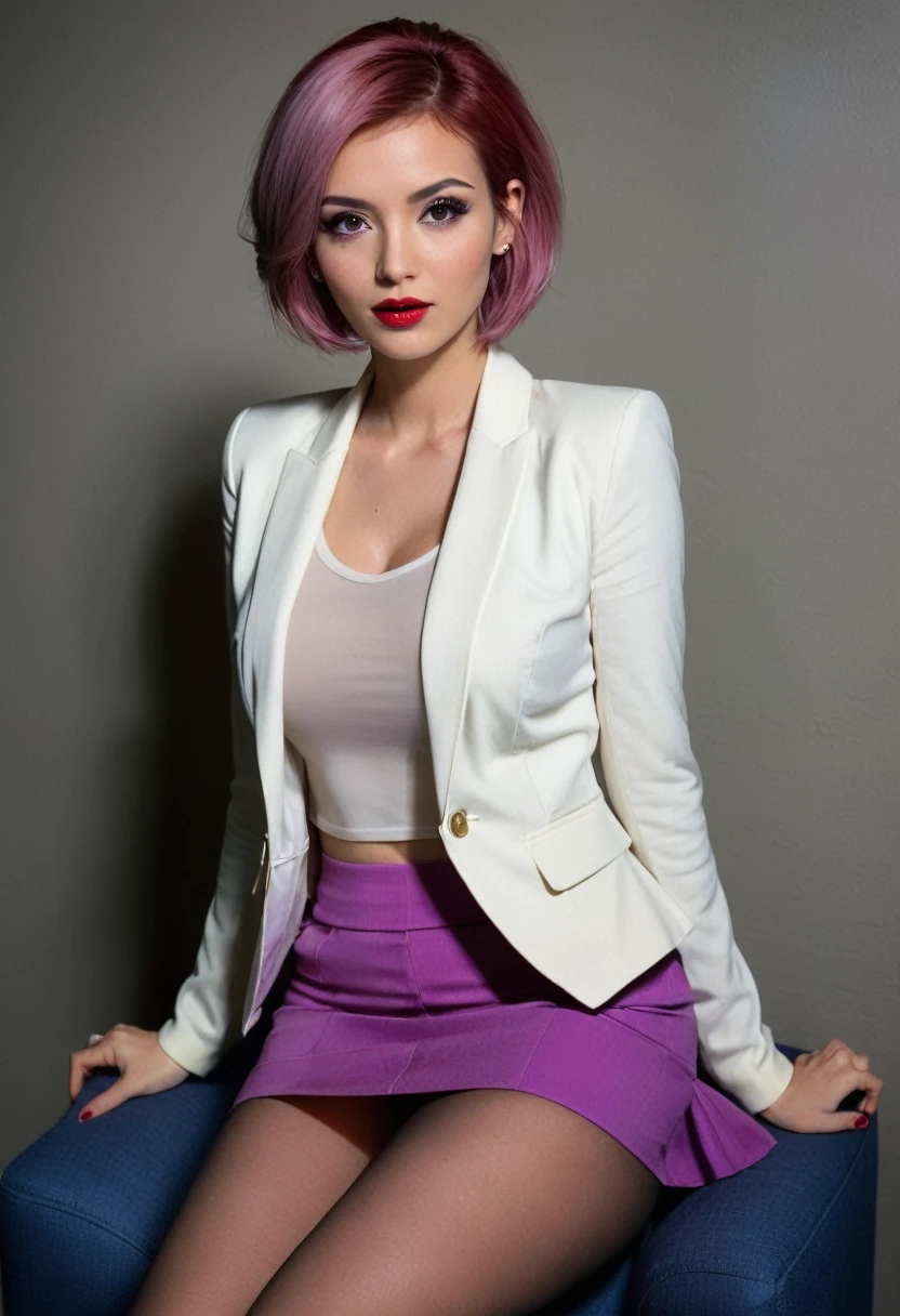 ((fullbody)),sitting,jeans,((wearing business suit and white light jacket and mini skirt))、pantyhose,red lips,purple eyeliner,、italian woman, , medium breasts, ,looking at viewer, , (((1girl))), ,((skinny)),pink short hair, hands on hips, score_9, score_8_up, from Various angles