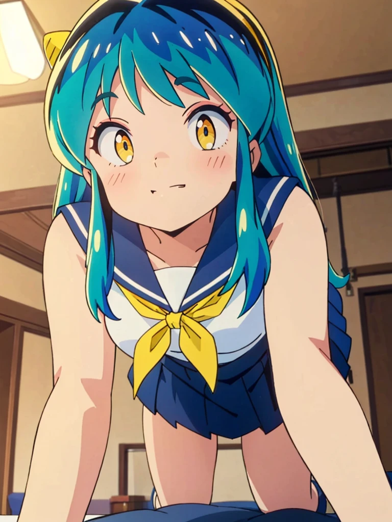 masterpiece, Highest quality, 1 Girl, Lum、 Mature、Sailor suit、Navy Skirt、On all fours、Watching the audience、smile、From below,  From before, anime, blush, sexy、 High definition, Yellow neckerchief, Point, Bedroom