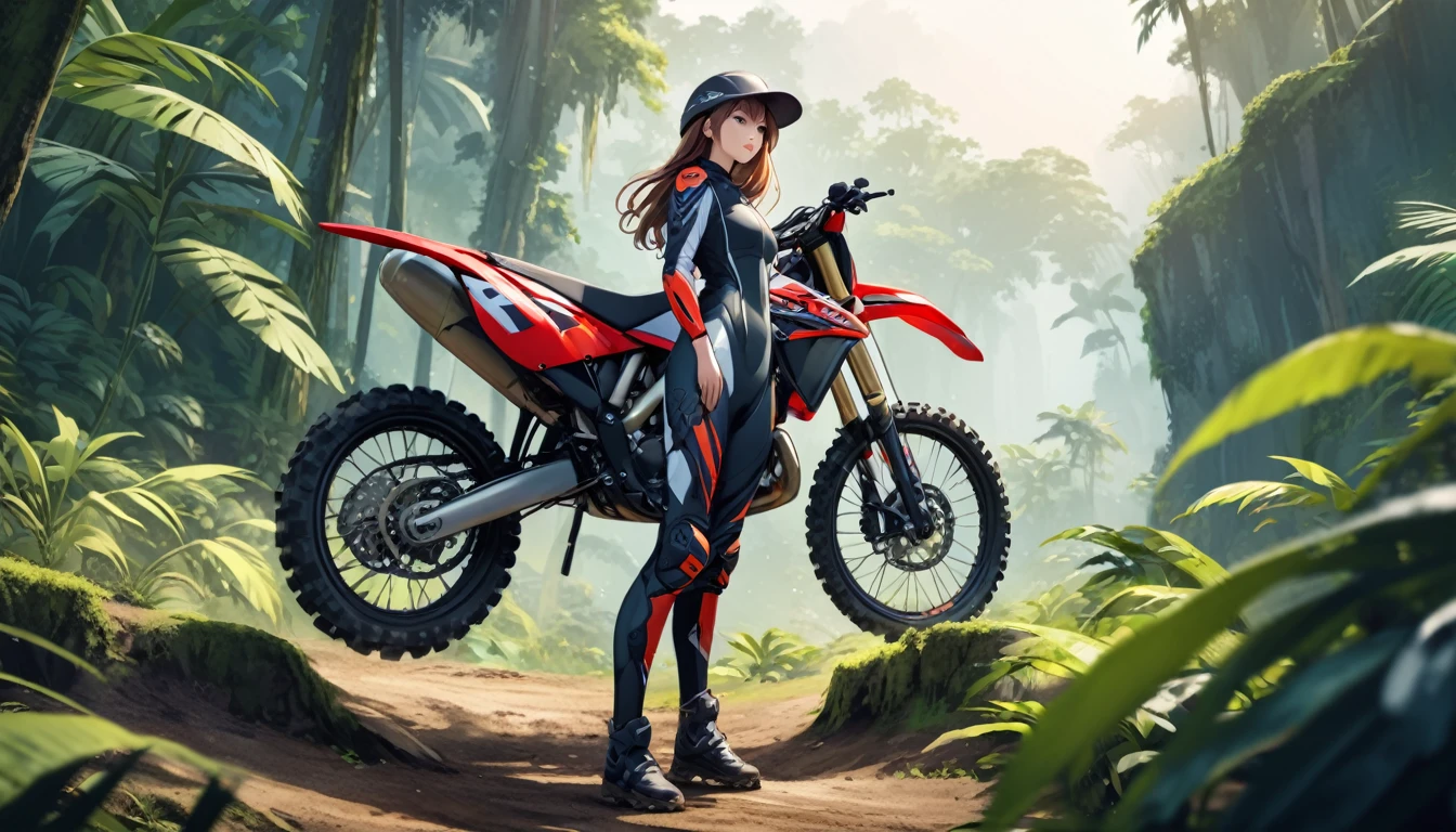 very beautiful girl, dramatic jungle background, wear motocrosser suit, standing beside motocross, 4k