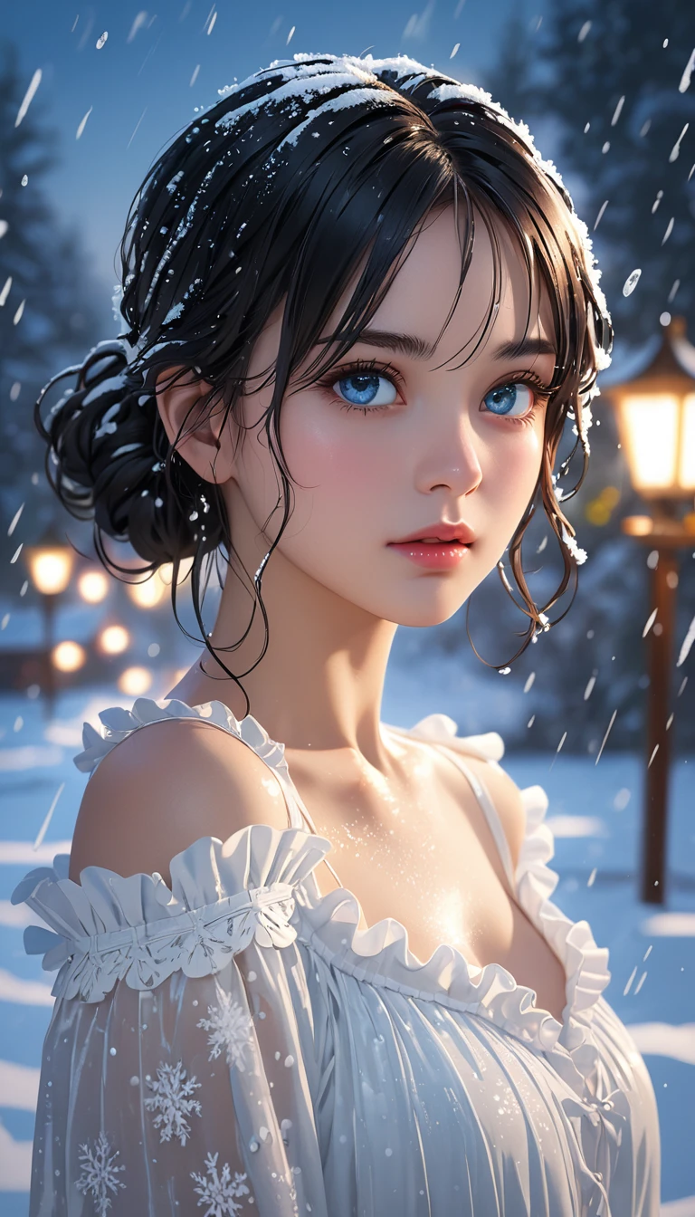 (((masterpiece))),best quality,illustration,4k wallpaper,movie lighting,absurd,1 girl,(snow,ice),in winter,black hair,shiny hair,medium hair,bleu eyes,wihte clothes,frills,lace,wet clothes,leave_Shoulder,hair tie,masterpiece,telephoto lens,absurd,Exquisite face,features,natural light,soft light,(Seven-part combination),epic,Dreamy and magical,mystery,
