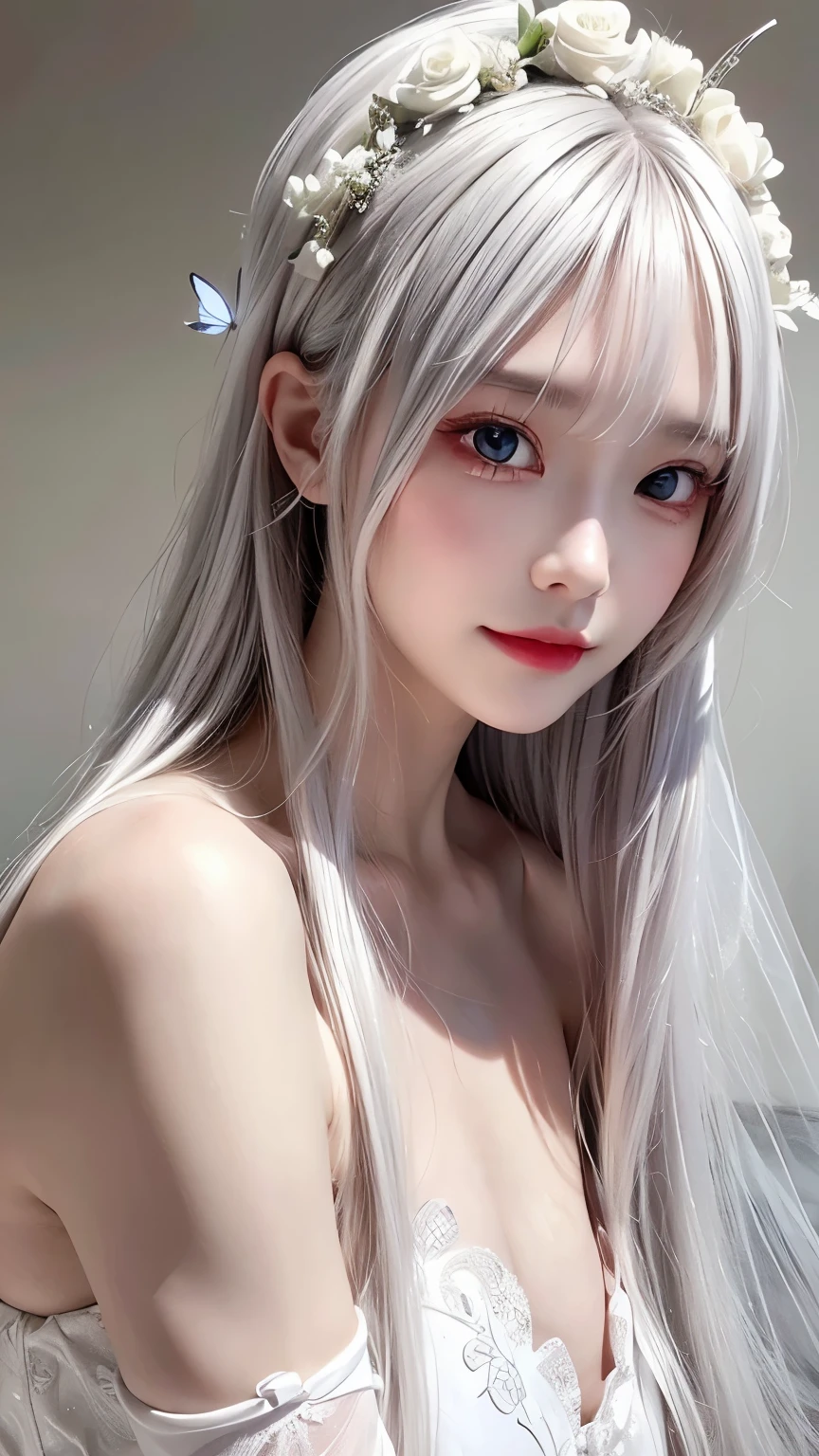 Silver Hair,Butterfly,Long white hair,White Wedding Dress,8k wallpaper,Detailed background,Maximum resolution,Deep V Big,hair covering one eye,Strapless wedding dress,Chis,White Rose,Tight