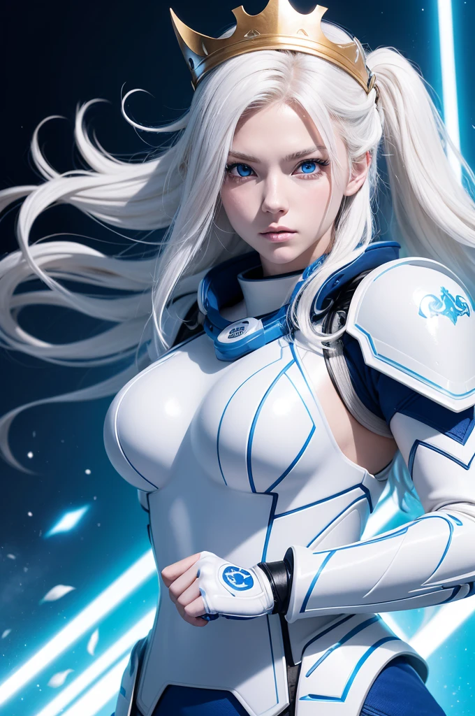 Create in anime style jiu-jitsu kaisen style, a white girl with wavy, almost white blonde hair, clear blue eyes, with white technological medieval armor with bright light blue details, with a white cover, with a technological white crown with a technological and blue two-handed sword . anime styling