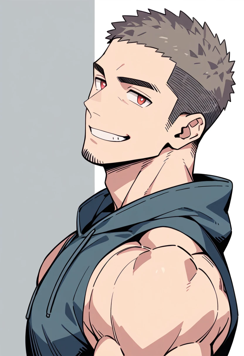 anime characters：Priapus, Muscle Sports Student, Buzz Cut, Manliness, male focus, Sports tight hooded sweatshirt, Wear a black high-necked tights inside, Very tight, full and perky chest muscles, muscular male, muscular, only, Upper body, alone, Red short hair, Thick eyebrows, stubble, Brown-red pupils, White background, simple background, amazing quality, best aesthetics, Ridiculous, crew cut, smirk, bright pupils, grin, negative space, negative space, best quality