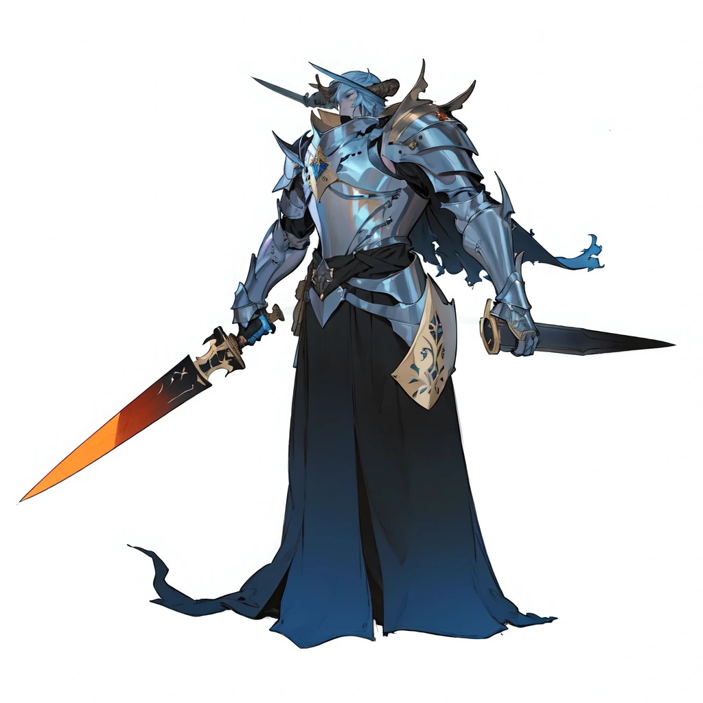masterpiece,best quality,1 statue monster,right hand holding dark sword with heated metal,solo leveling boss,\(herrscher of finality\),solo,full body,pale blue skin armor,horns,full body,black shadow cape,+ +,(((big medieval fantasy shoulder pads))),statue,((serious expression)),bronze metal detaisl, (((holding a sword hilt with left hand))), monster, ((fantasy character)), anime character sheet