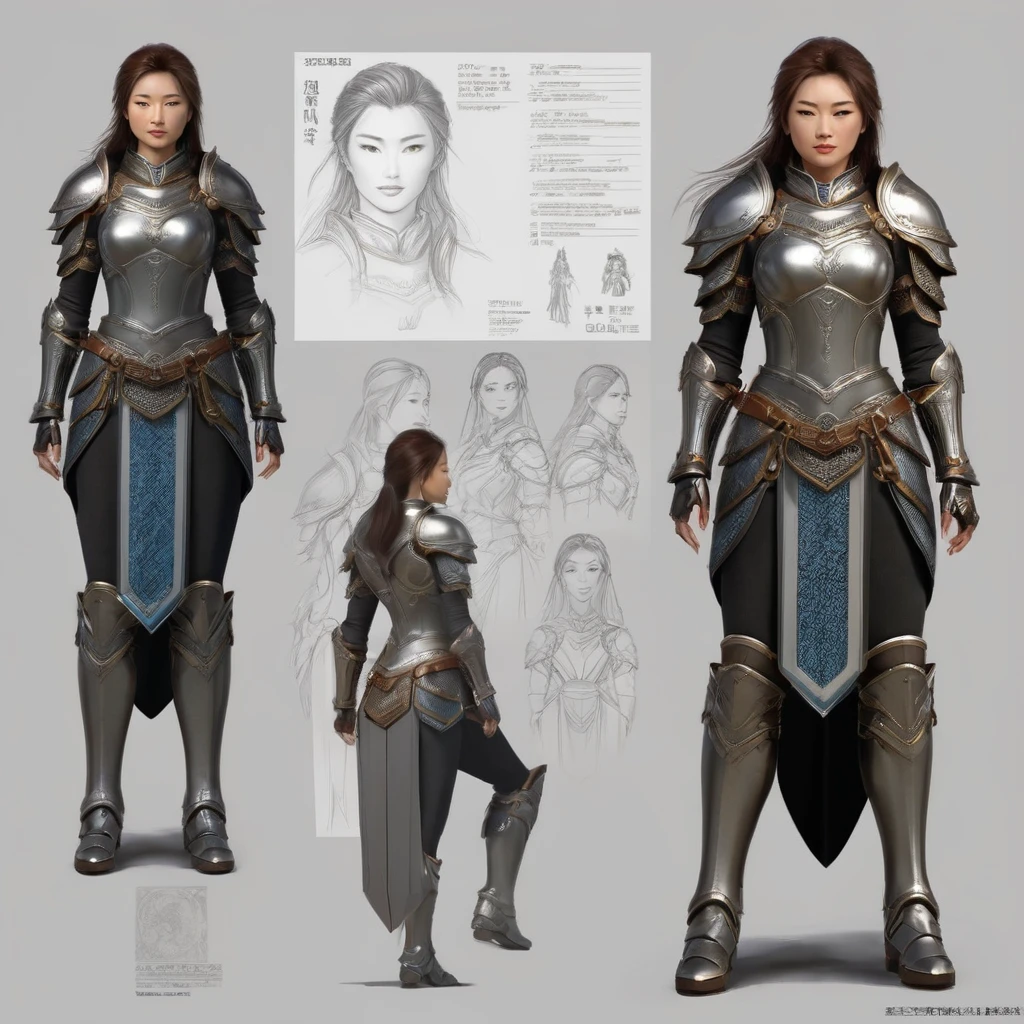 character design sheet, Woman, warrioress, of armor, not Mark Reiden style, Xue Wang, exquisite workmanship, high détail, 8k, realisitic, inscriptions with technical characteristics, character description given, your strengths are shown