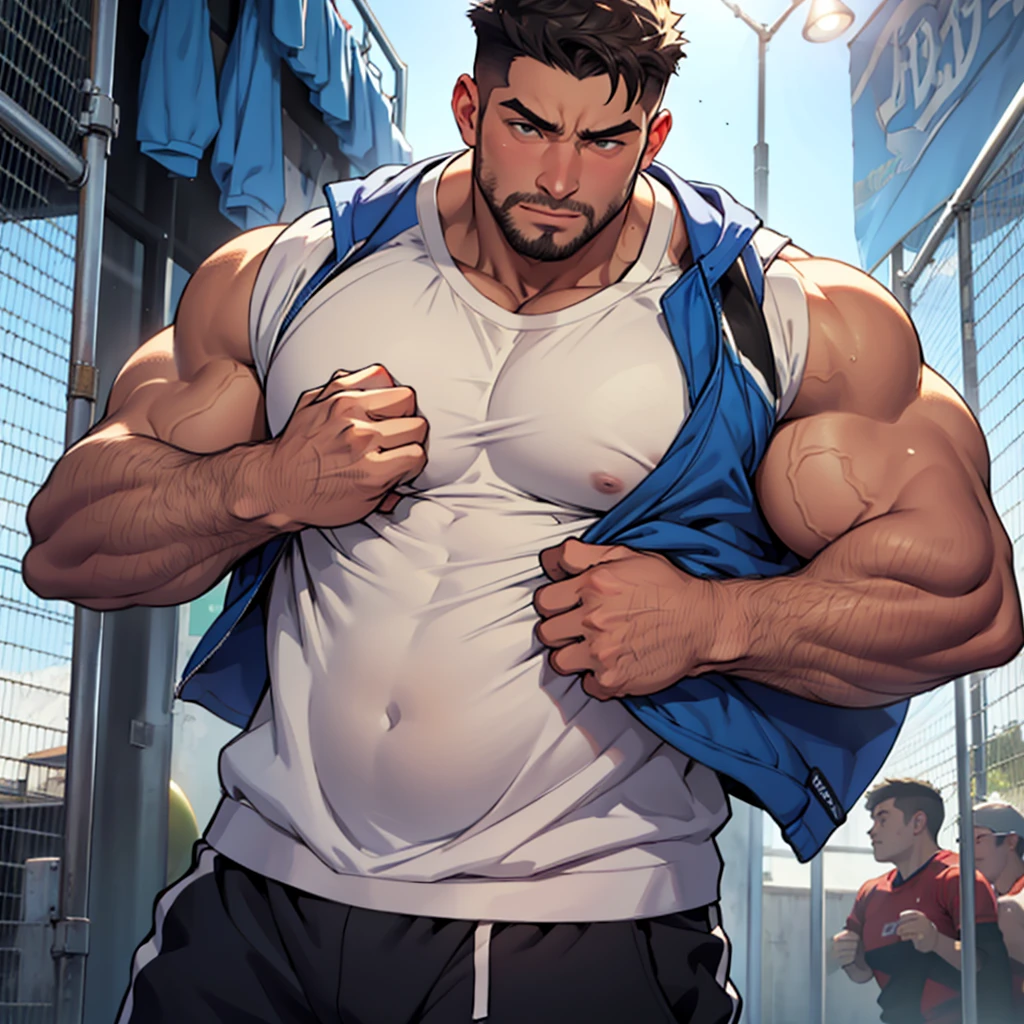 chubby gym teacher, Cool guy with big breasts with semen coming out from under his clothes,Upper body naked