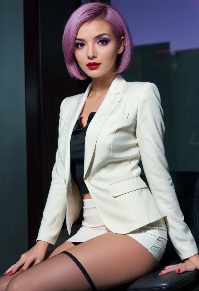 ((fullbody)),sitting,,((wearing business suit and white light jacket and mini skirt))、pantyhose,red lips,purple eyeliner,、italian woman, , medium breasts, ,looking at viewer, , (((1girl))), ,((skinny)),pink short hair, hands on hips, score_9, score_8_up, from Various angles