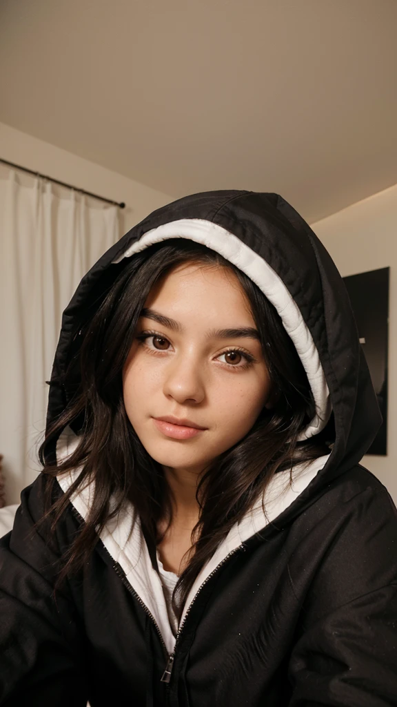 18 year old woman brunette black hair hooded with tender face in her room in bed with linen