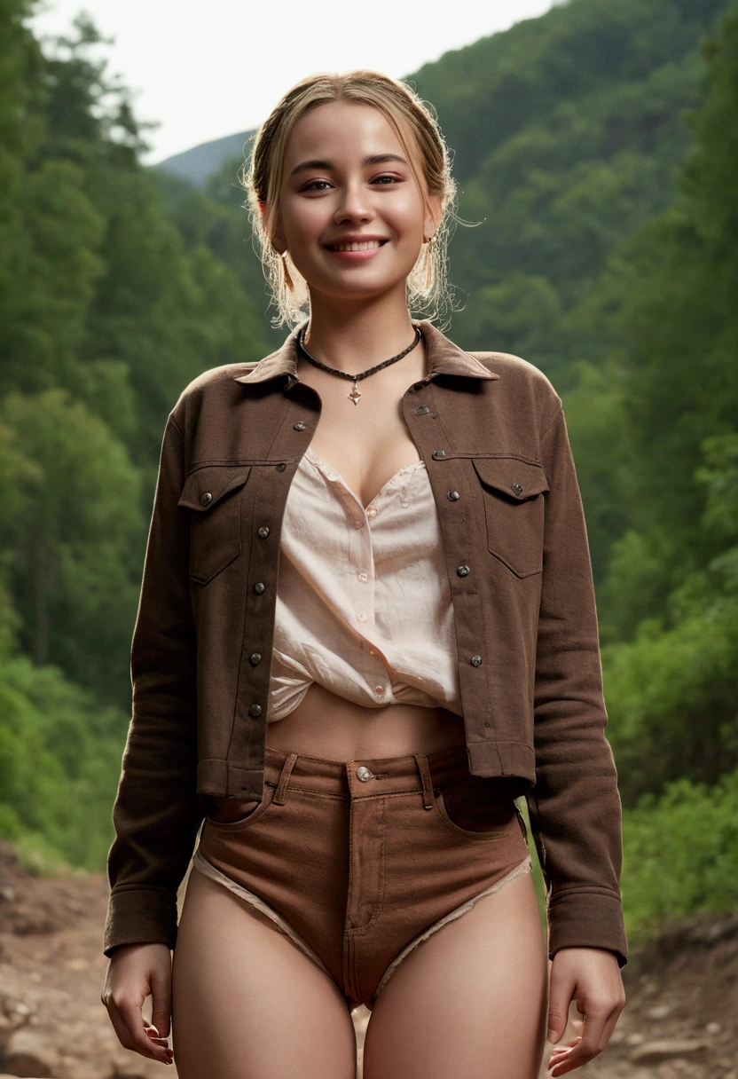 ((High-resolution images, masterpiece, Atmospheric perspective, 8k, Very detailed, Accurate, Highest quality, Single Shot)), (((Cute western woman masturbating))), (Casual Style), Jacket, Unbuttoned shirt, Swollen areola, (Round face, Realistic eye size, Droopy eyes, blush, smile), (((Stand and spread your legs, ))), (in the forest, Mountain, rock, Narrow River, At night), Blonde braids, Small earrings, Thin Necklace, (light makeup), 