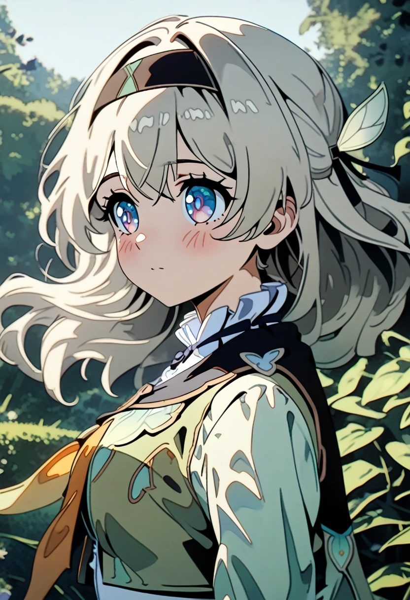 1 Girl, Firefly, Solitary, Headband, Ruffled collar, Cropped Jacket, Yellow scarf, blush, Put your hands behind your back, daytime, In the Garden, Looking into the distance, Clean art style, Coordinated ratio, from side, close-up, UHD, super detail, high details