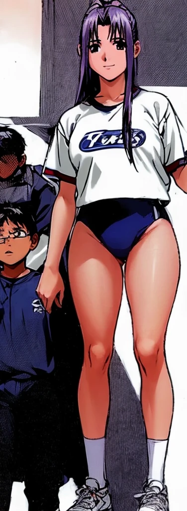 Momoko Koigakubo, a tall girl with beautiful legs, is standing with a smile on her face in a white gym uniform and light navy blue bloomers that look like panties.。Momoko Koigakubo is holding a boy in a jersey。