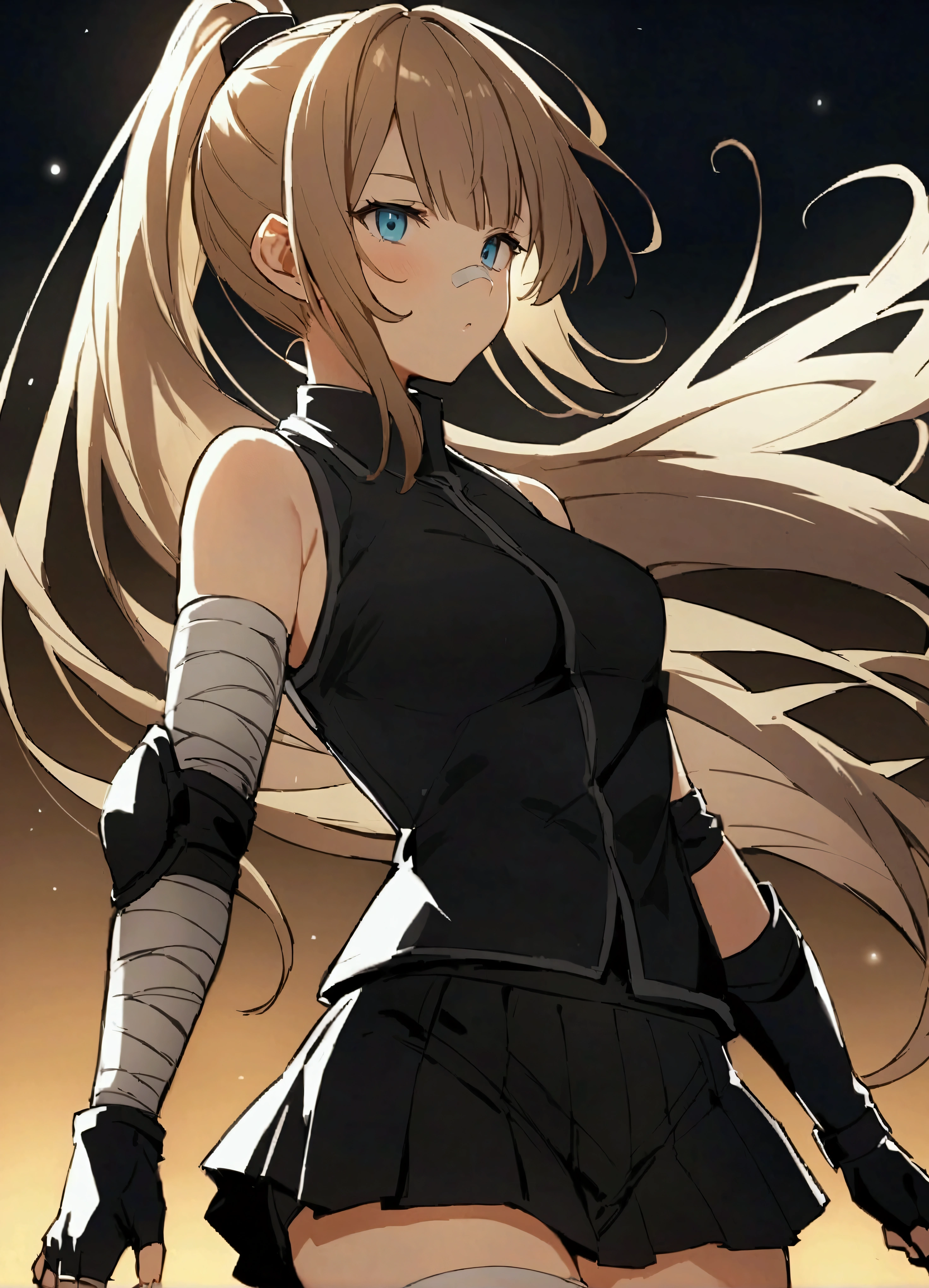 score_9、score_8_up、score_7_up、score_6_up、blackmyst-dh、BREAK、、One girl、、shirtが胸の上、Small bare breasts、Big blue、Black beanie、黒いカーゴ shorts、Long straight brown hair、Toned body、Turquoise Eyes、Dull blonde hair、Two Tone Hair Color、Long Hair、Hime cut、(Micro Skirt:1.2)、Pleated Skirt、Thigh-high socks、とてもLong Hair、オレンジ色のshirt、Fingerless gloves、shorts、Bandaged arm、Bandaged thighs、shirt、結んだLong Hair、Adhesive plaster on the nose、Elbow pads、ponytail、黒いshorts、、、Pelvic Curtain