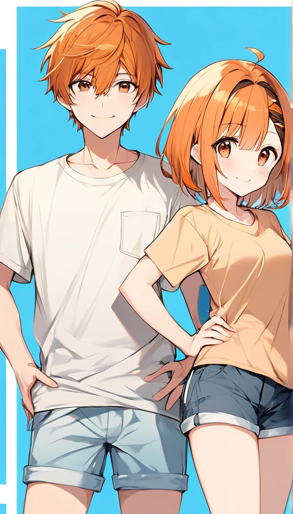 1 boy、Cowboy Shot、Simple T-shirt、light blue medium hair, brown eyes、Orange Hair Clip、Flat Chest、smile、Please put your hands on your hips、Shorts