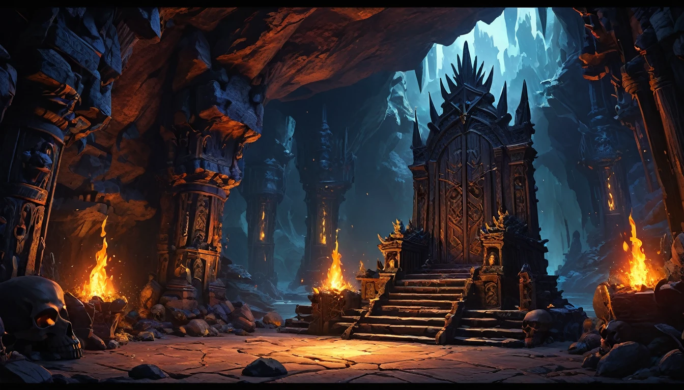 (anime: 1.5, dark fantasy: 1.5, throne: 1.5), (best quality, highres, HDR:1.2), vibrant colors, dangerous atmosphere, ((goblin king throne)), ((goblin lair: 1.5)), ((cave, obsidian cavern)), ((totem, tribal, skulls, spikes)), dark :1.4, general shot