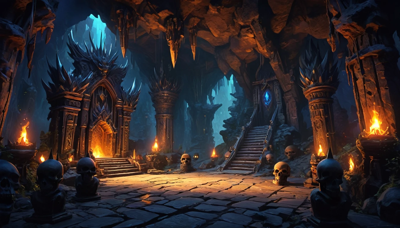 (anime: 1.5, dark fantasy: 1.5, throne: 1.5), (best quality, highres, HDR:1.2), vibrant colors, dangerous atmosphere, ((goblin king throne)), ((goblin lair: 1.5)), ((cave, obsidian cavern)), ((totem, tribal, skulls, spikes)), dark :1.4, general shot