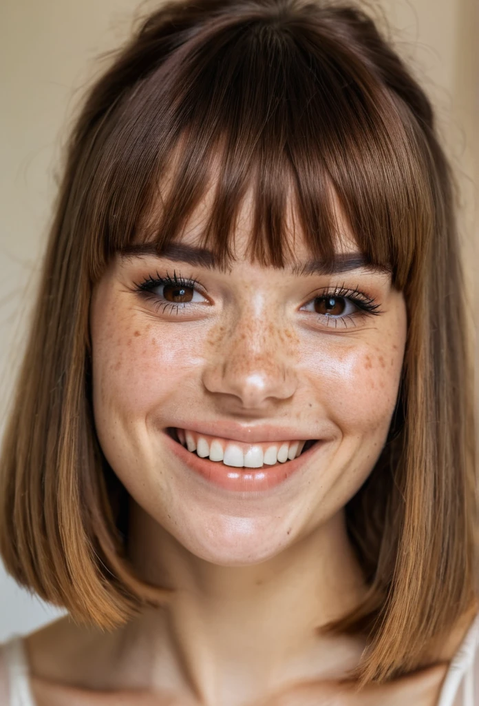 beautiful lady, (freckles), big smile, brown hazel eyes, Full Bangs, dark makeup, hyperdetailed photography, soft light, head and shoulders portrait, cover