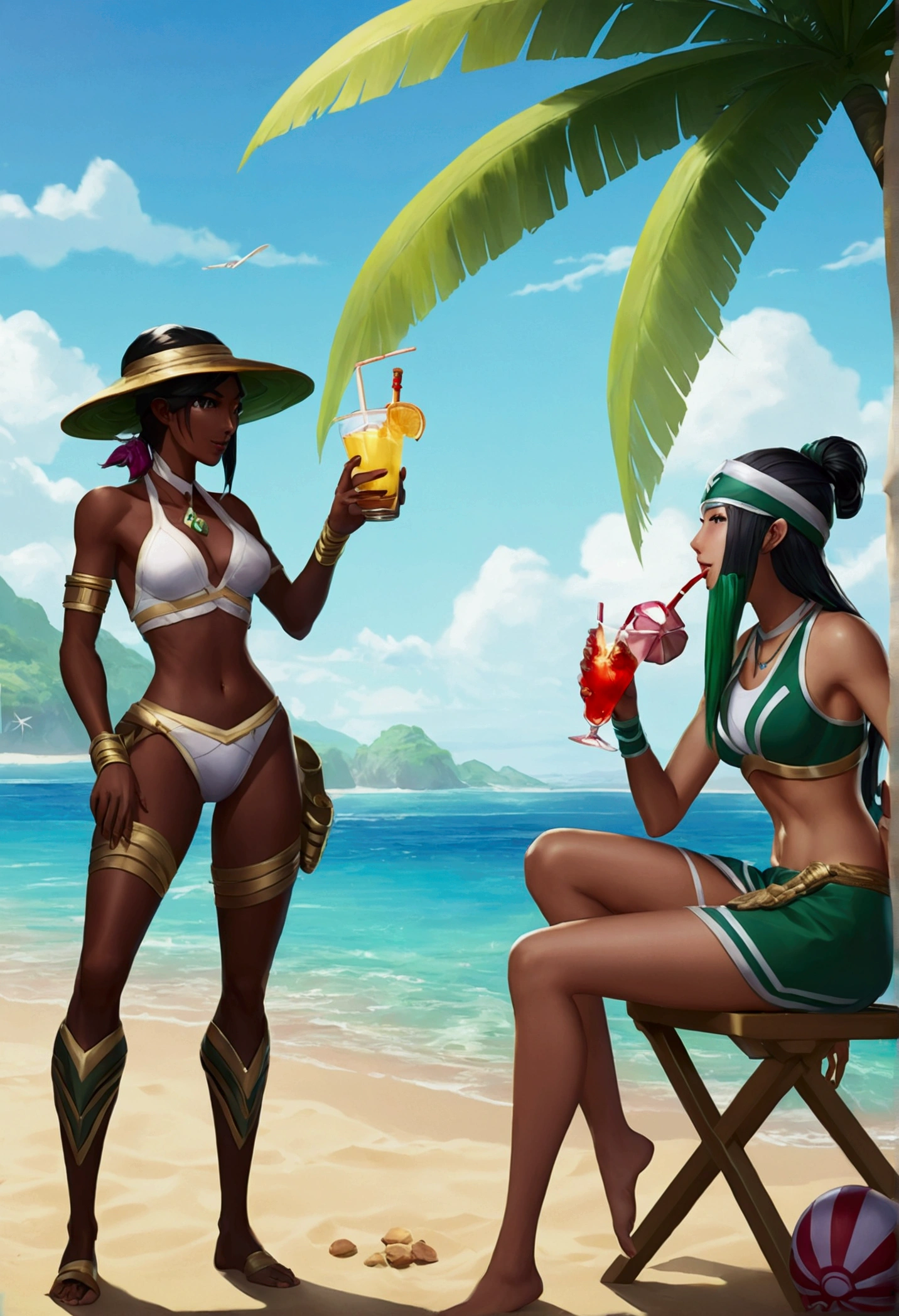 zeri from the game league the legends together with akali on a beach having a drink