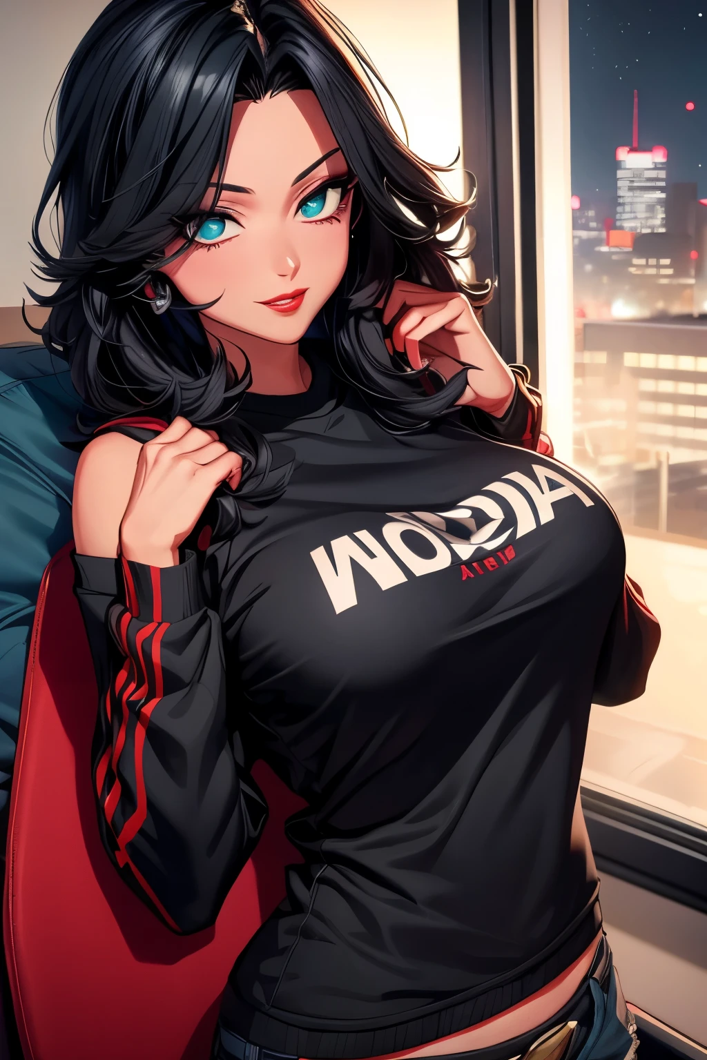 Adult Midnight (My Hero Academia), CG 8k ultra-realista, beautiful woman, seductive eyes, make-up, red lips, casual clothes 