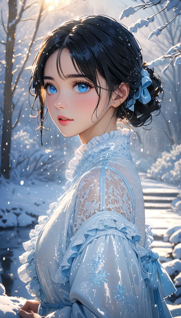 (((masterpiece))),best quality,illustration,4k wallpaper,movie lighting,absurd,1 girl,(snow,ice),in winter,black hair,shiny hair,medium hair,bleu eyes,wihte clothes,frills,lace,wet clothes,leave_Shoulder,hair tie,masterpiece,telephoto lens,absurd,Exquisite face,features,natural light,soft light,(Seven-part combination),epic,Dreamy and magical,mystery,