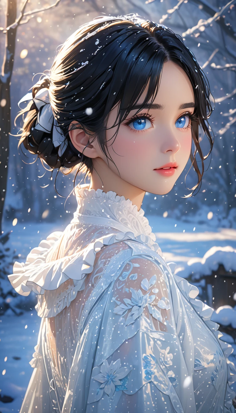 (((masterpiece))),best quality,illustration,4k wallpaper,movie lighting,absurd,1 girl,(snow,ice),in winter,black hair,shiny hair,medium hair,bleu eyes,wihte clothes,frills,lace,wet clothes,leave_Shoulder,hair tie,masterpiece,telephoto lens,absurd,Exquisite face,features,natural light,soft light,(Seven-part combination),epic,Dreamy and magical,mystery,