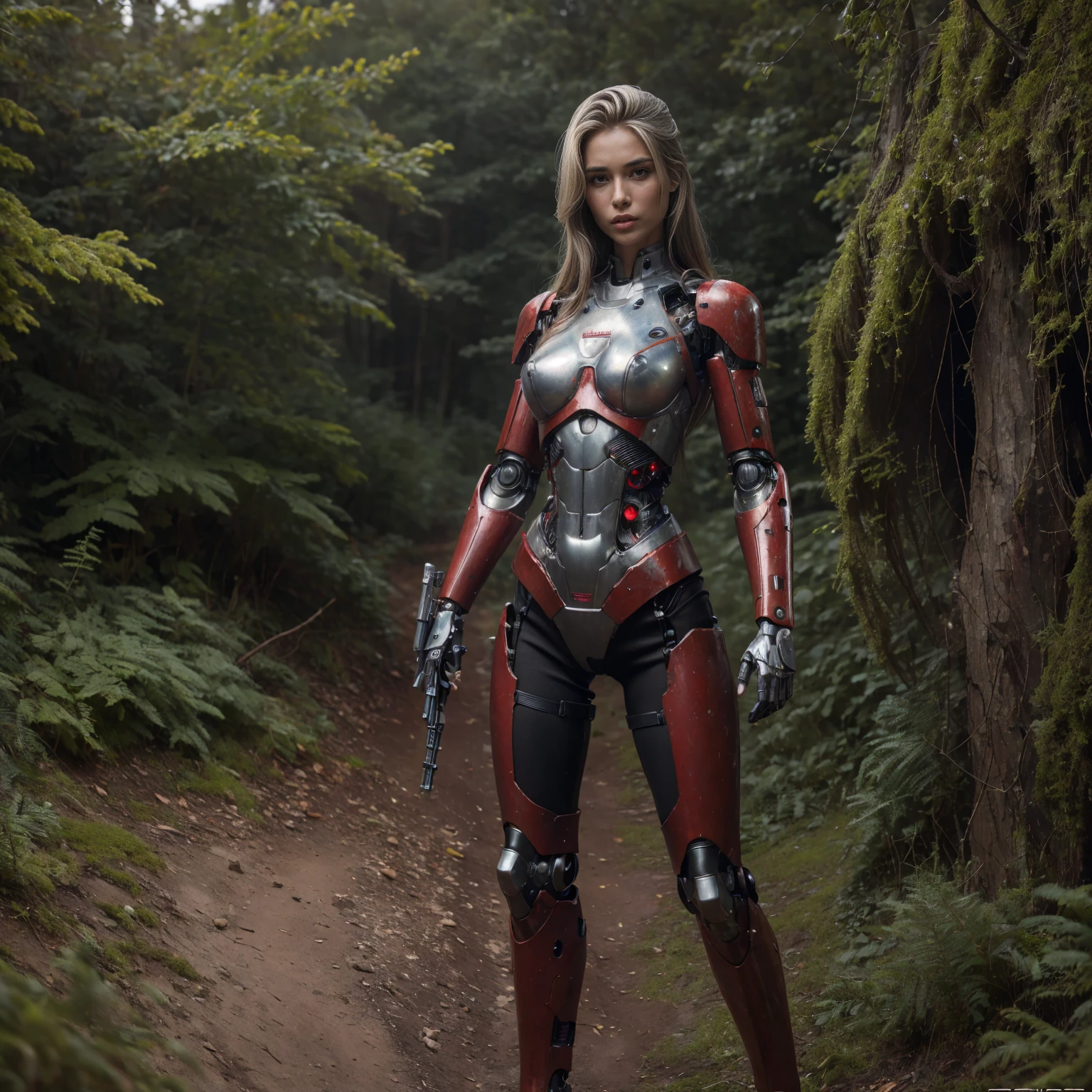 ((masterpiece, highest quality, Highest image quality, High resolution, Photorealistic, raw photo, 8K)), Robot soldier abandoned on the battlefield, broken and motionless, rust and moss showing the passage of time, female cyborg body, woman body, biomechanical, extra detailed body, red mech blowjob, red biomechanical details, detailed body, shiny red armor, cybernetic body, , full body details,