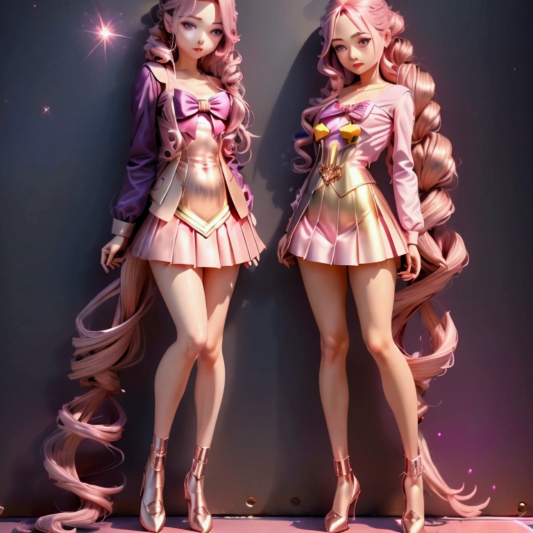 Anime-style girl with (((deep magenta eyes and long, wavy pink hair))) ((styled in an elegant French braid)). (((She is slender, and , with small breasts))). ((Ensure a full-body shot of her)) wearing a (((pink, gold, and rose gold color magical girl-themed outfit.))) ((The outfit features a spider and spider web theme.)) The overall look is regal and ethereal, with magical glowing effects. cutesexy, , a hyperrealistic , hyperrealistic , realistic , seductive (anime girl), smooth anime cg art, beautiful alluring anime teen, ((magical girl)), (masterpiece), best quality, expressive eyes, perfect face ((Highest quality))、((8K))、(((8k wallpaper))) ((Full Body Shot: 1.5))、ultra detailed, masterpiece, best quality, solo