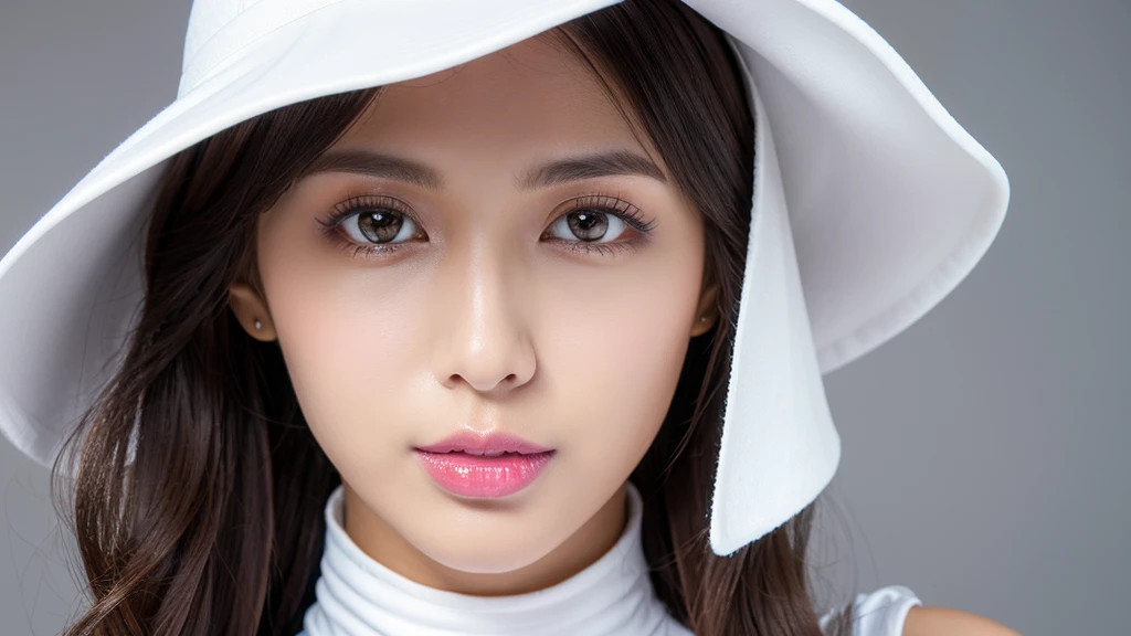White floppy hat,(Detailed face),vivid,cute,Sleeveless and(turtleneck)White silky clothes,4K,Ultra-high resolution,（Photorealistic：1.7）,Gray background,Long, curly black hair,