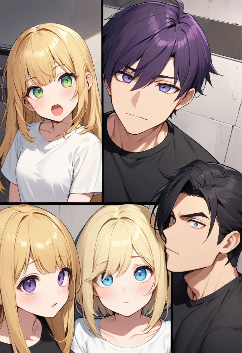 Pixar style. Two girls and one guy。One of them has deep purple bob hair.、Has green eyes、Girl wearing a black T-shirt。. The other girl has long blonde hair and blue eyes.、And a girl wearing a white T-shirt。,Men have short black hair and dark eyes.、Muscular、No clothes、Big cock erect。,Penetration Sex,Creampie Sex,Cums many times,