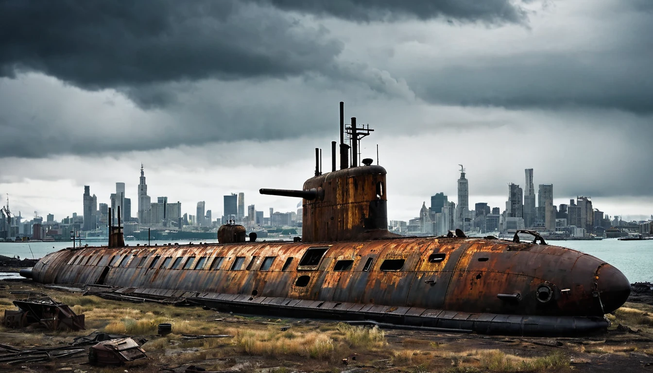 large rusty war submarine abandoned on land, post apocalyptic, dark cloudy, and city in the background