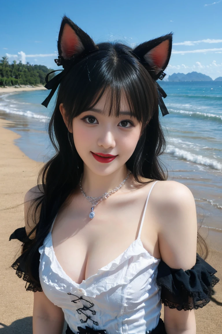 ulzzang-6500-v1.1,(raw photo:1.2),((photorealistic:1.30)), ((best quality)) ,((masterpiece)),((Ultra High Resolution)), ((Clear View)),,Ultra-high resolution,Clear face,（Reality：1.4) ,  illustration, an extremely delicate and beautiful, extremely detailed ,CG ,unity ,8k wallpaper, Amazing, finely detail, masterpiece,best quality,official art,extremely detailed CG unity 8k wallpaper,absurdres, incredibly absurdres, huge filesize, ultra-detailed, highres, extremely detailed,beautiful detailed girl, extremely detailed eyes and face, beautiful detailed eyes,light on face,cinematic lighting, 1girl, 独奏, bangs, long hair,twintails, hair ribbon, jirai kei attire, jirai kei, black thighhighs, high heels, jewelry, collarbone, earrings,smile, necklace, (standing), (big breasts:1.3), (shagging breasts) Naughty, (From the front:1.3), On the beach, Beach sand, waves, (Beach:1.5),basking under the sun, sharp , cute, Small face, Small mouth, small lips, (Animal ears:1.3)