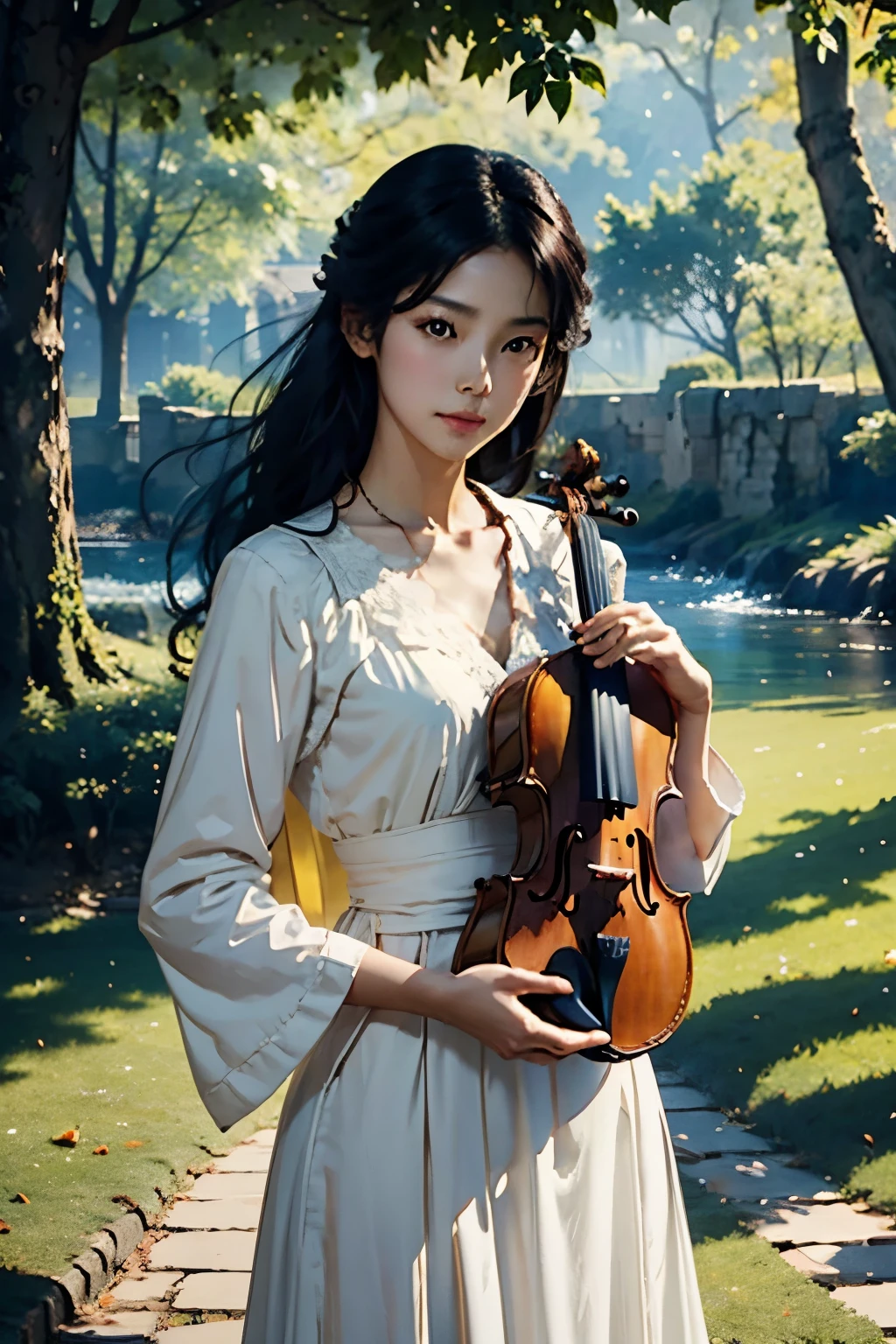 1 Female、20-year-old woman、Playing the violin、Perfect Anatomy,Beautiful light and shadow, ,Beautiful white skin, Black Hair,Mid-chest, slim、Violin Solo Concert, Simple and elegant classical dress、Play the violin with all your might、British Castle Parks、Outdoor、((artwork, Highest quality, High resolution)), ((Highly detailed 8k uniform CG wallpaper)), 