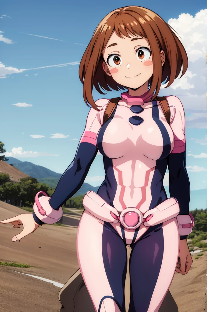 masterpiece, best quality, highres, hmochako, blush stickers, short hair, medium breasts, superhero, bodysuit, cowboy shot, standing, smile,