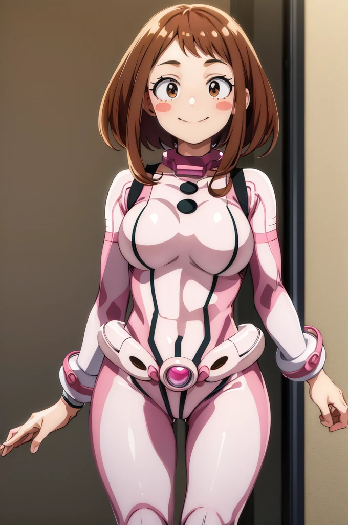 masterpiece, best quality, highres, hmochako, blush stickers, short hair, medium breasts, superhero, bodysuit, cowboy shot, standing, smile,