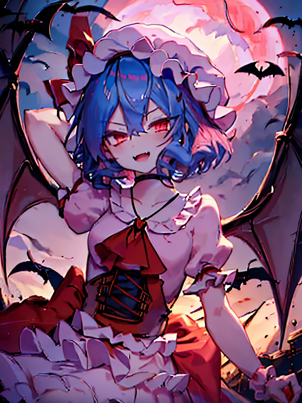 Anime Girl, Fine skin, (masterpiece, highest quality, 8K ultra-high resolution:1.4), beautiful detailed eyes, ultra-detailed,
((from above, upper body, claw pose)),
remilia_scarlet_touhou, 
red_eyes, short_hair, blue_hair,  hair_between_eyes, bangs, smile, open mouth, red nail,
mob_cap, ((pink dress, puffy short sleeves)), red_ribbon, 
fang, fangs, vampire, bat_wings, wings, hat, 
red moon night,
