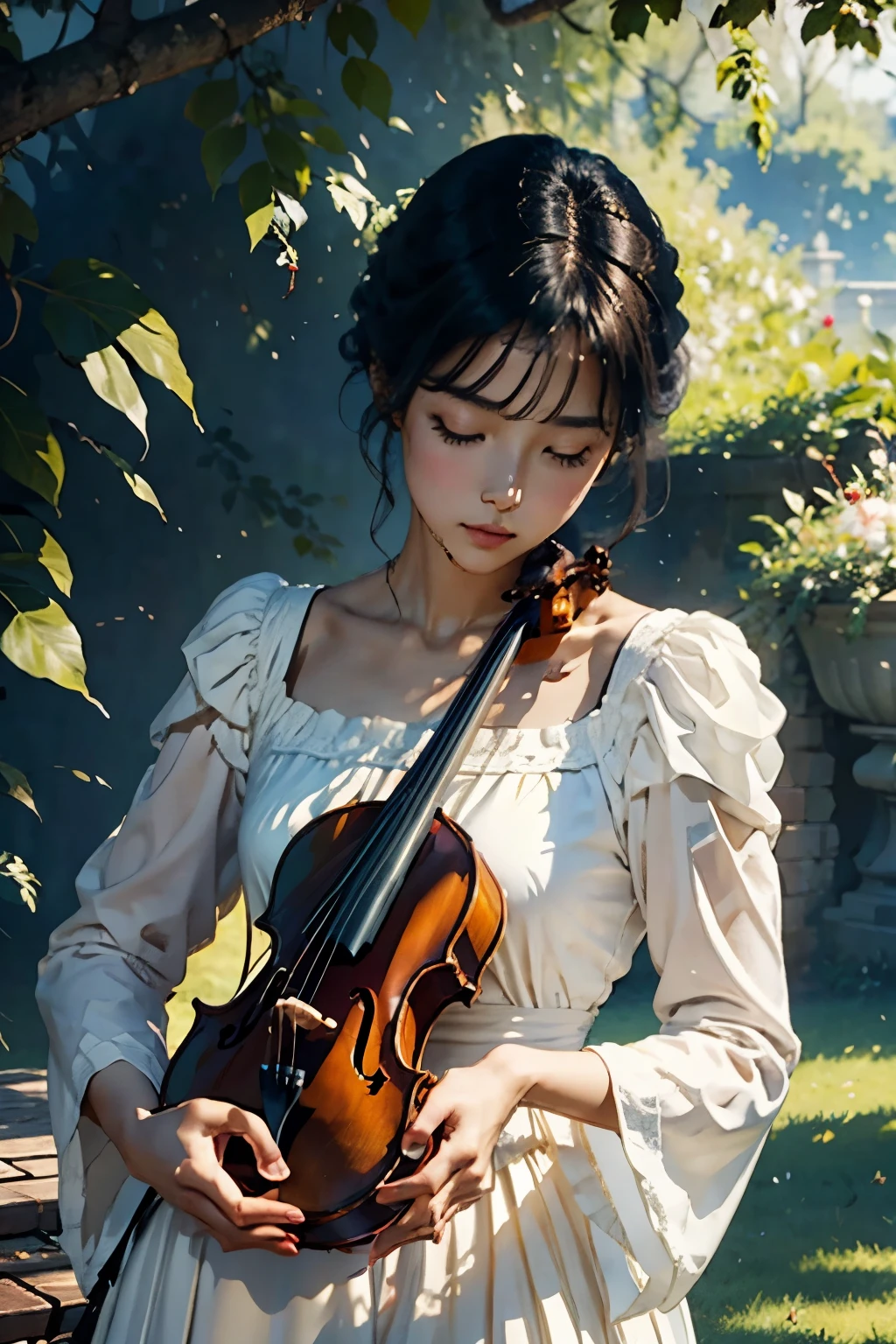 1 Female、20-year-old woman、Playing the violin、Perfect Anatomy,Beautiful light and shadow, ,Beautiful white skin, Black Hair,Mid-chest, slim、Violin Solo Concert, Simple and elegant classical dress、Play the violin with all your might、British Castle Parks、Outdoor、((artwork, Highest quality, High resolution)), ((Highly detailed 8k uniform CG wallpaper)), 