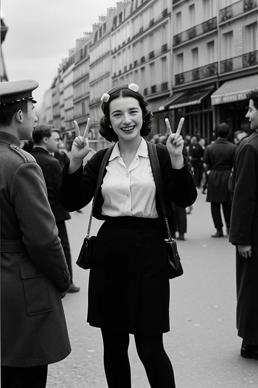 monochrome film, Monotone color ,1944 years,  Liberation of Paris、Happy Crowd、  A Parisian girl , 21 years-old, beautiful girl, （big smile),gesture peace sign, on street ,in Paris cafe, standing  pose, around Paris people with French frag, noon  