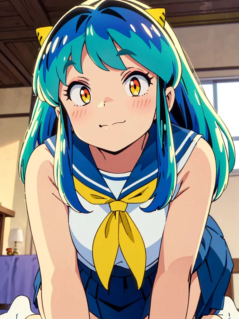 masterpiece, Highest quality, 1 Girl, Lum、 Mature、Sailor suit、Navy Skirt、On all fours、Watching the audience、smile、From below, From before, anime, blush, sexy、 High definition, Yellow neckerchief, Point, Bedroom