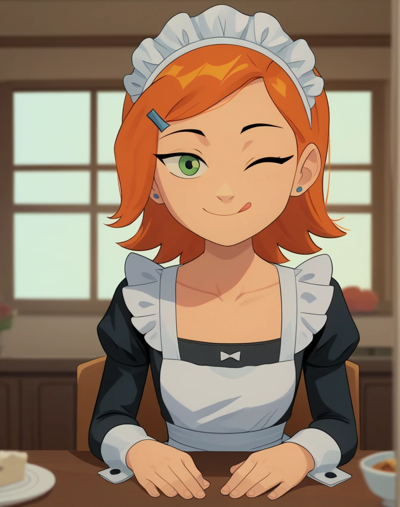 Gwendolyn_Tennyson, 1girl,solo,maid, side smile, collarbone ,maid headdress,looking at viewer,apron,indoors,depth of field, sitting on table, legs, stockings, big 
wink, one eye closed, playful smile, tongue out,, masterpiece, best quality, absurdres, highres, 4k, ray tracing, intricate details, highly detailed, (1girl:perfect face, cute, small breasts, long ginger hair, petite) Highqlb:perfect mouth, makeup screenshot, perfect jaw, good fortune hinge