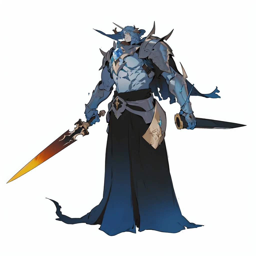 masterpiece,best quality,1 statue monster, (((stone statue face))),right hand holding dark sword with heated metal,solo leveling boss,\(herrscher of finality\),solo,full body,pale blue skin,glowing crystal ball on chest,horns,full body,black shadow cape,+ +,(((big medieval fantasy shoulder pads))),statue,((serious expression)),bronze metal detaisl, (((holding a sword hilt with left hand))), monster, ((fantasy character)), anime character sheet