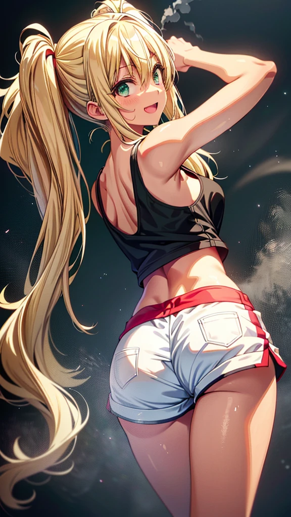 hibiki sakura, long hair, blonde hair, hair between eyes, twintails, (green eyes), fang, dark skin, dark-skinned female, gyaru,smile,open mouth,
shirt, cleavage, bare shoulders, collarbone, shorts, black shirt, short shorts, tank top, red shorts, black tank top,large breasts,navel,(wet,sweat),(steam:1.3),(((raise ASS:1.3))),(ass focus,from behind:1.3),(looking back,all fours:1.3),masterpiece,Noise Reduction,perfect anatomy,high resolution, ultra-detailed, ultra-detailed face,game cg,dutch angle ,beautiful detailed eyes,visualart,five fingers, perfect hands, perfect lighting, sparkling pupils,