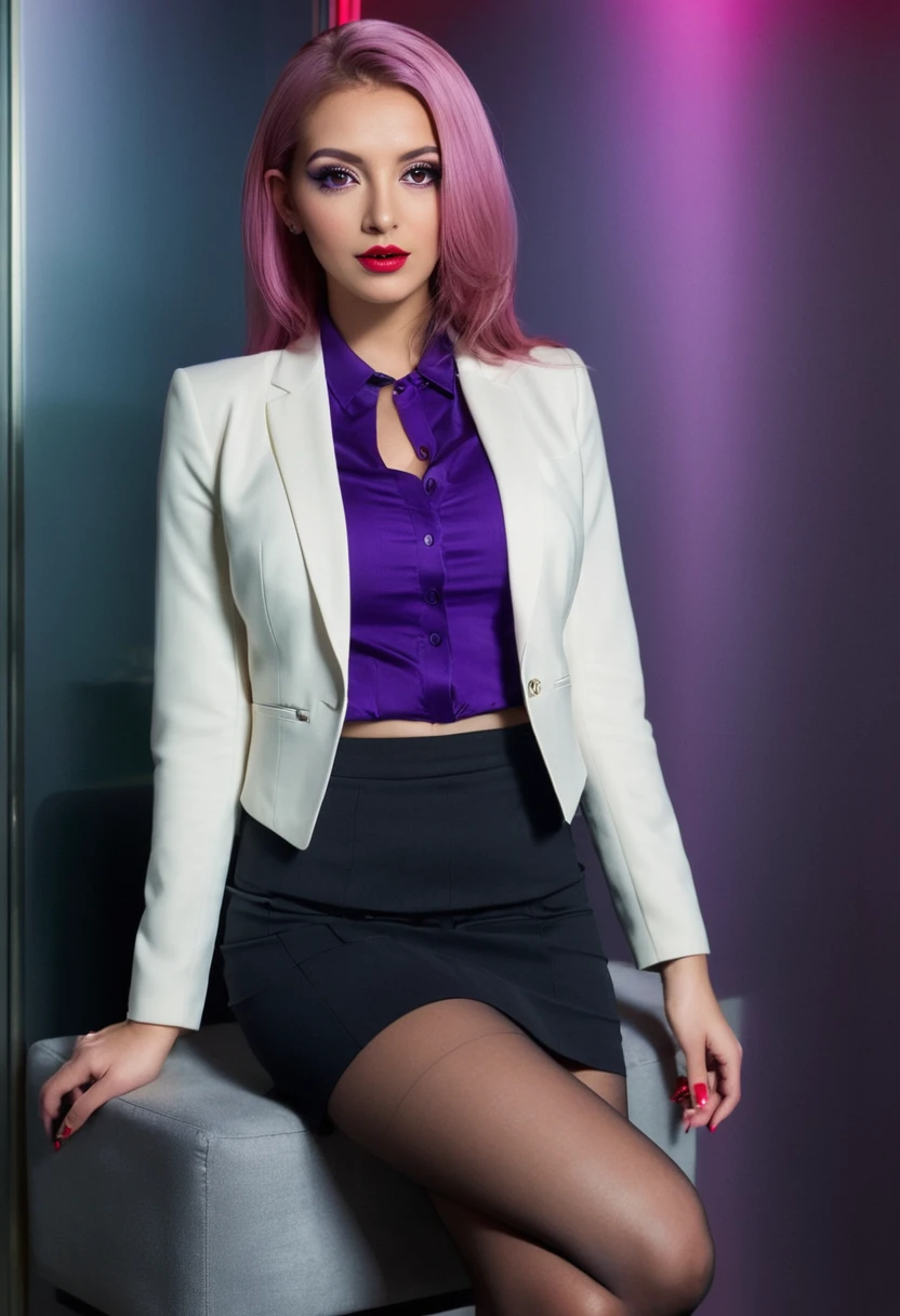 ((fullbody)),sitting,,((wearing business suit and white light jacket and mini skirt))、pantyhose,red lips,purple eyeliner,、italian woman, , medium breasts, ,looking at viewer, , (((1girl))), ,((skinny)),pink long hair, hands on hips, score_9, score_8_up, from below