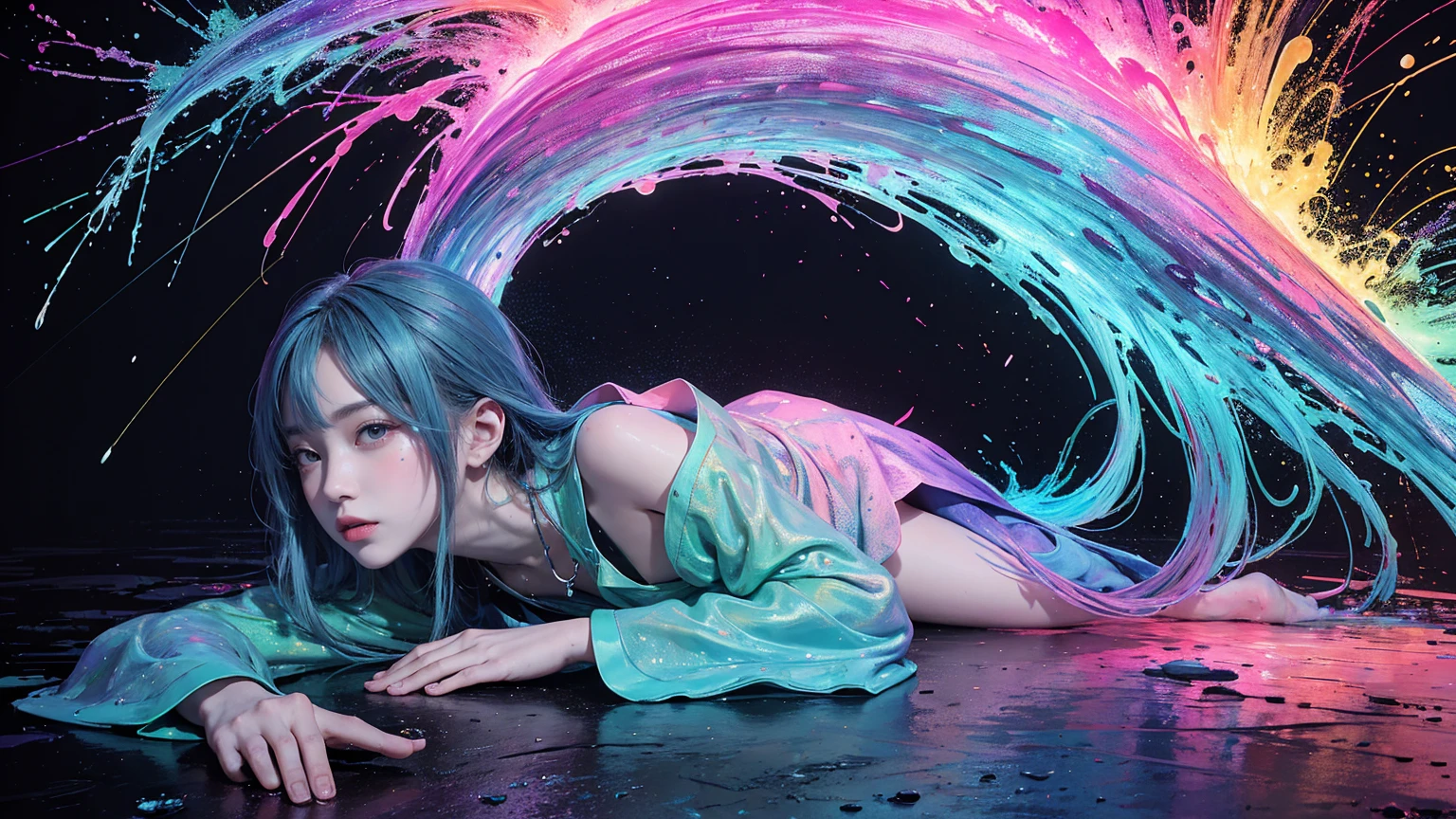 ((1 girl)), colorful, Dot, colorfulなペイント, Splash Paint, liquid, fog, Bright colors, matrix, hologram, Confused, detailed, 非常にdetailed, 非常にdetailed, Complex, masterpiece, 8k,khd,8k resolution,masterpiece