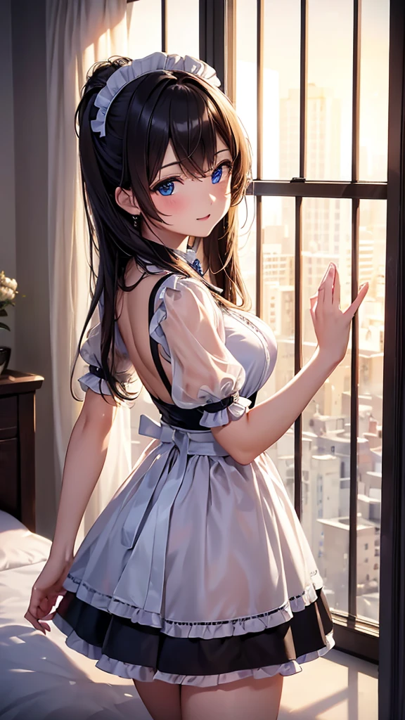 Highest quality,8k,16K,Very detailed,Attention to detail,See-through,Maid clothes,On the bed,Window Glass,Night view